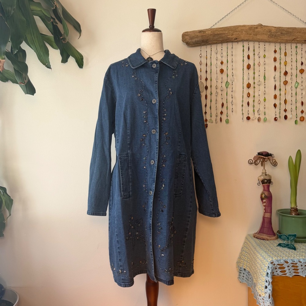 Maggie Sweet Denim Trench Coat Beaded Crystal Embroidered Whimsigoth Boho 1X art